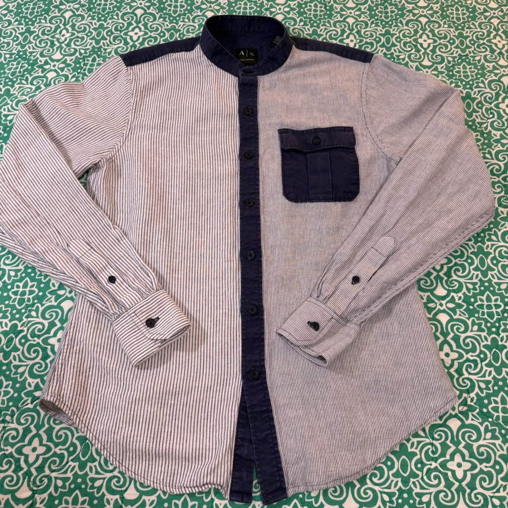 Armani Exchange Mens XS Slim‎ Fit Striped Mandarin Collar Button Up Shirt Blue